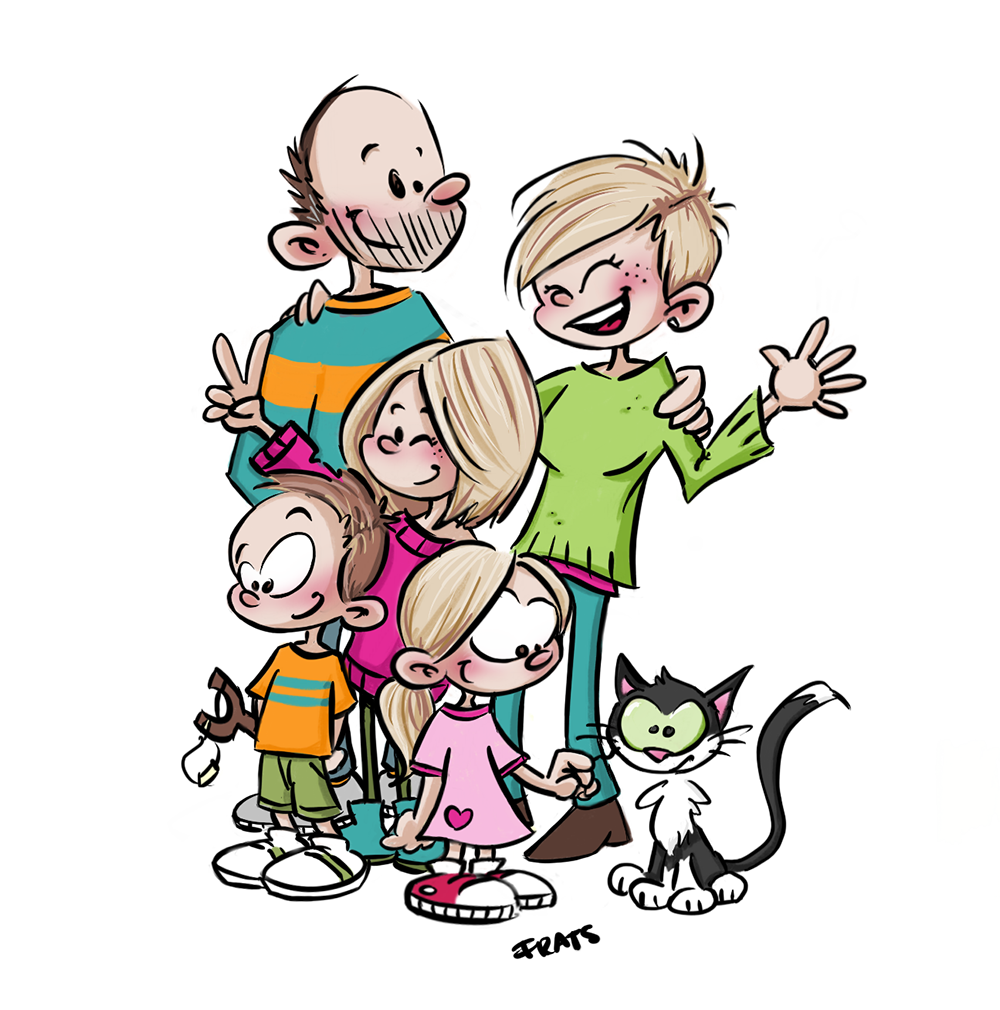 Tekening van gezin met drie kinderen en kat